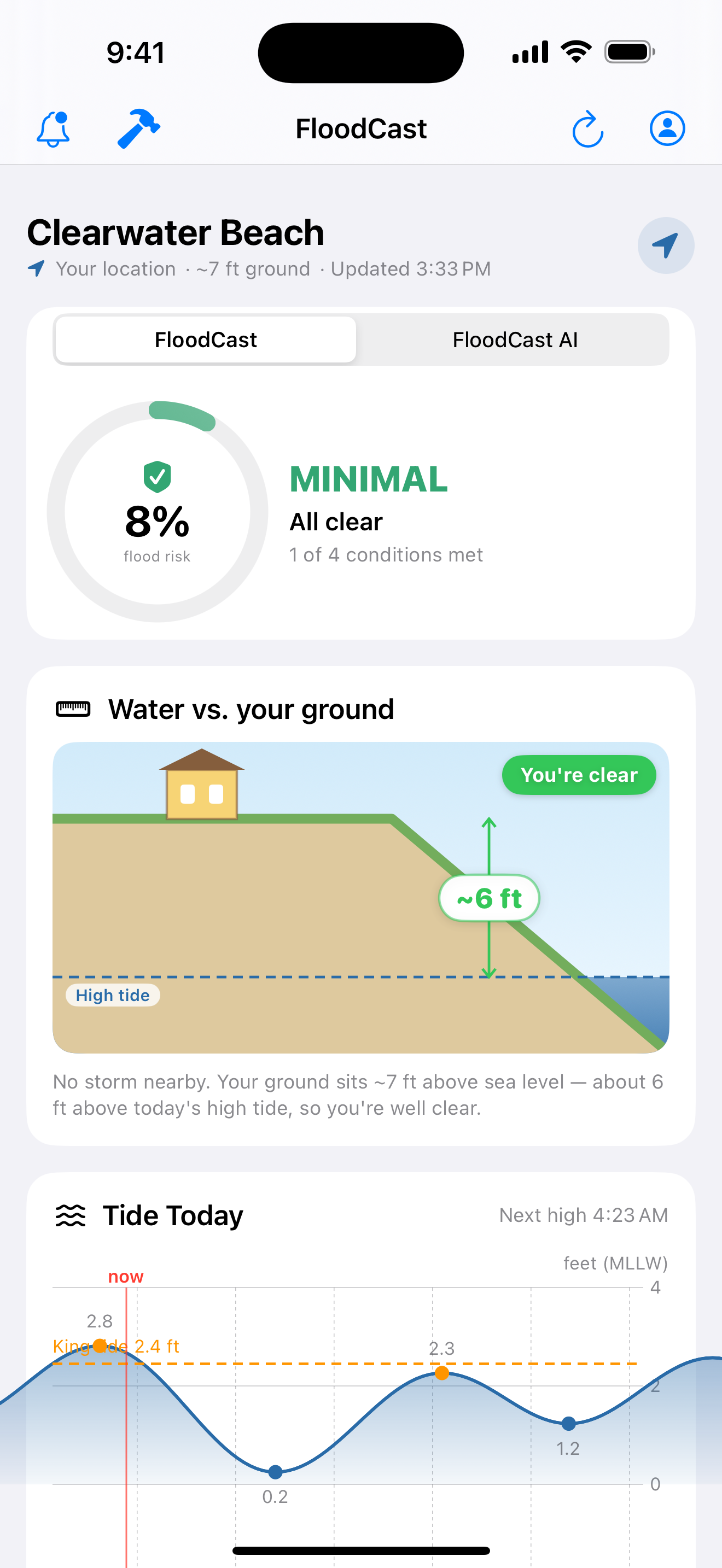 Calm all-clear dashboard with live tides