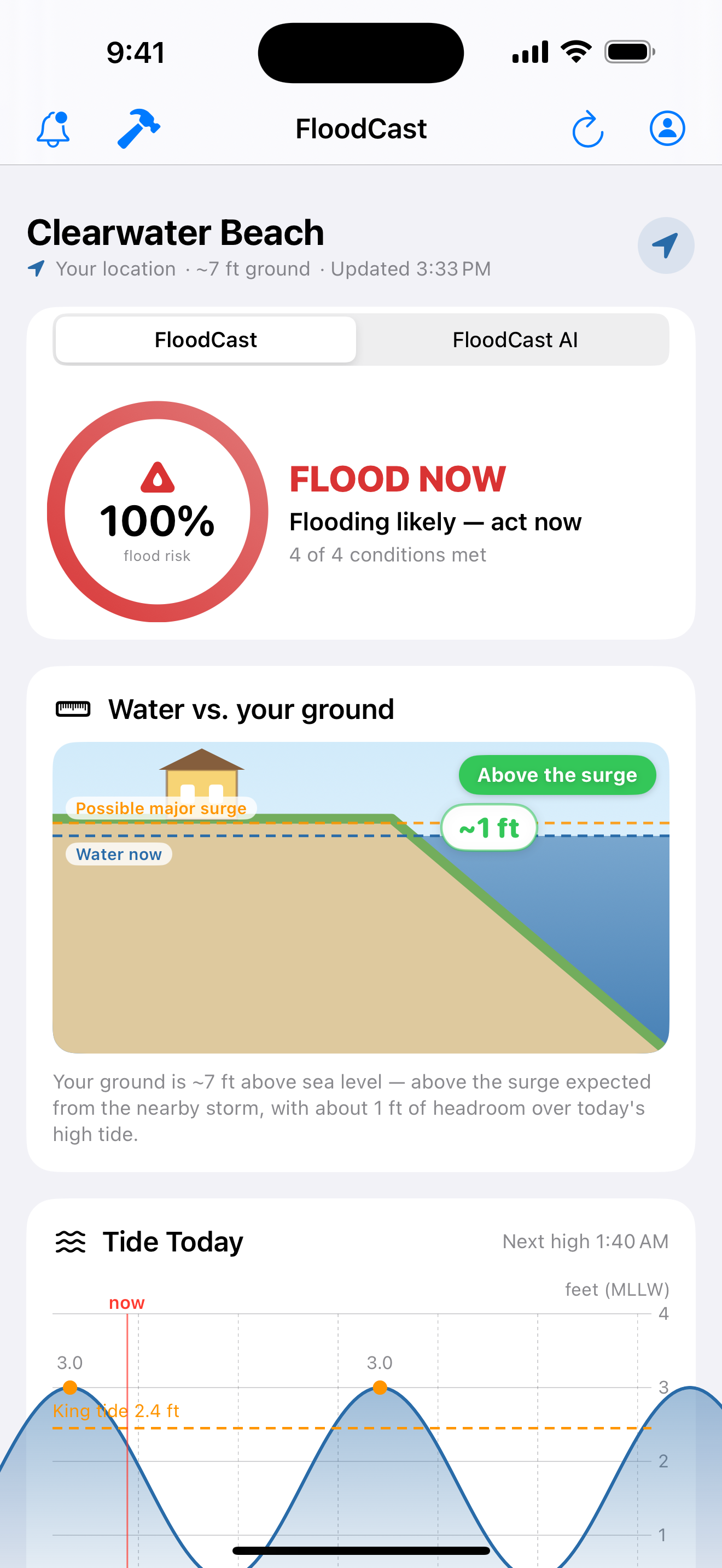 Flood-Cast showing a Flood Now alert for Clearwater