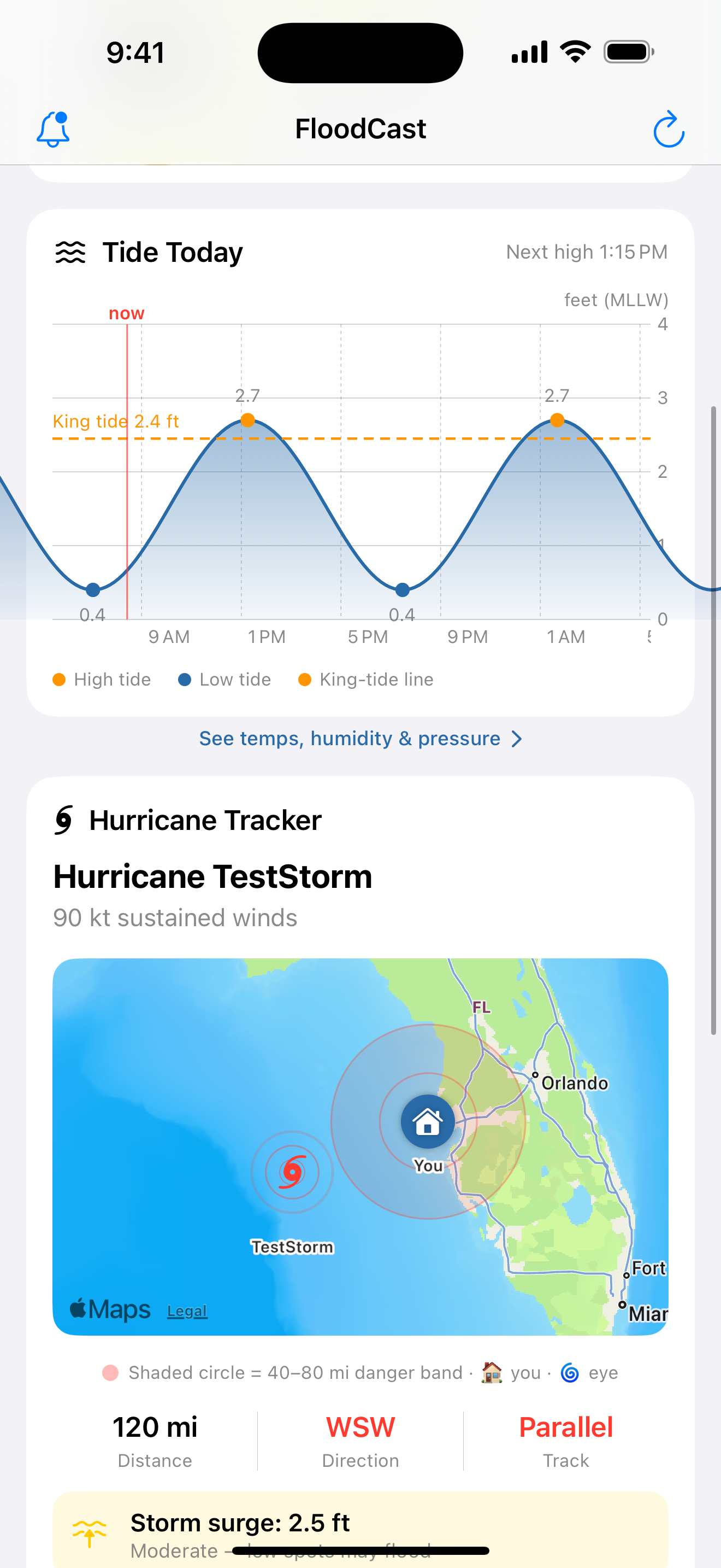 Hurricane tracker map off the Florida coast
